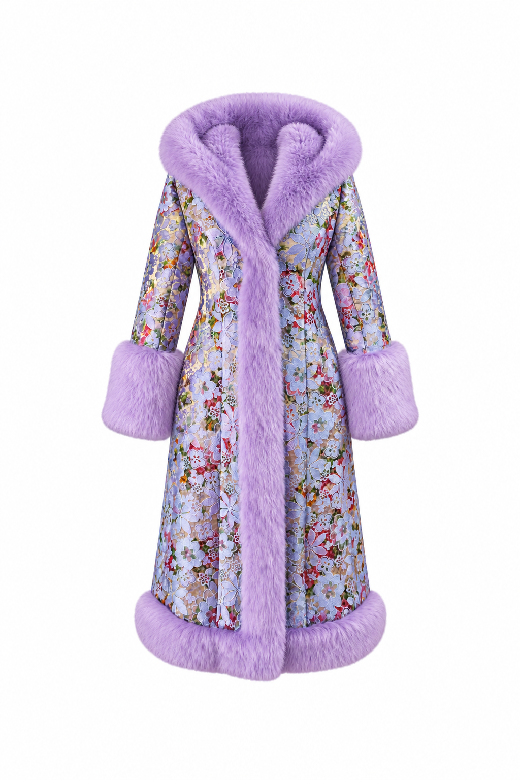 Lilac Princess full-length floral brocade coat with lilac faux fur trim and oversized hood