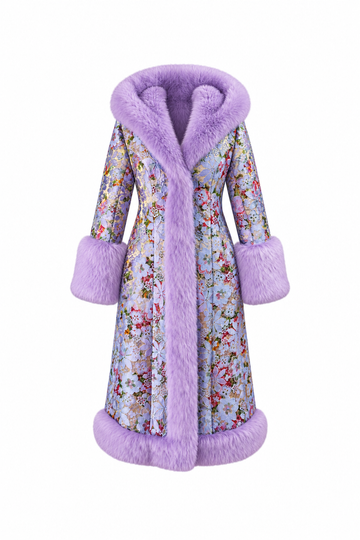 Lilac Princess full-length floral brocade coat with lilac faux fur trim and oversized hood