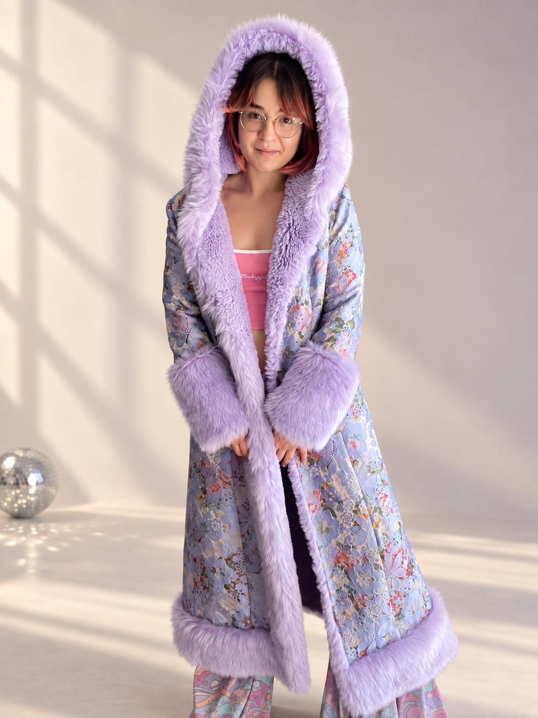 Lilac Princess full-length floral brocade coat with lilac faux fur trim and oversized hood