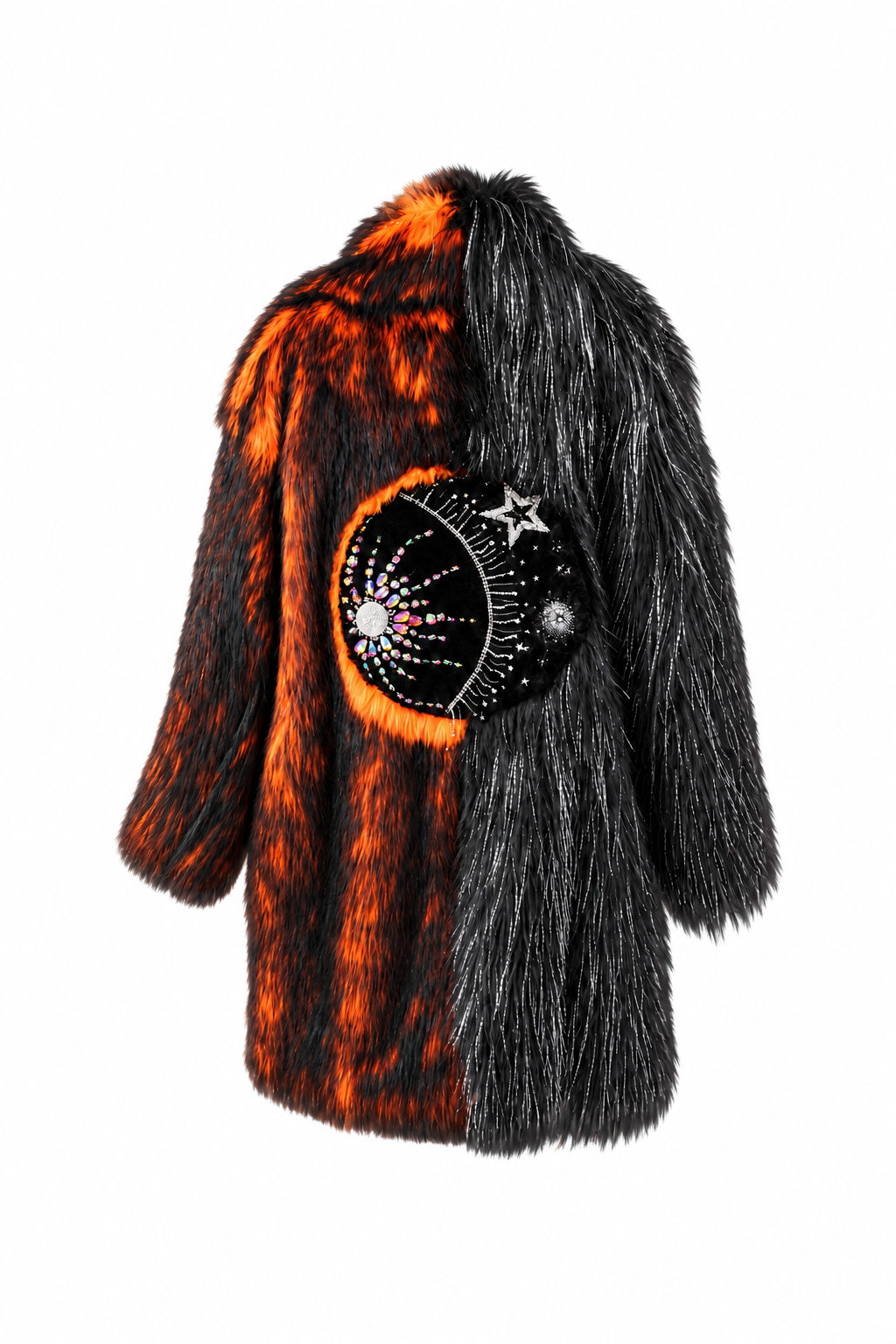 A split-color faux fur coat with one side in vibrant orange and black fur and the other in black shiny tinsel fur  featuring a large circular sun and moon design made with hand-sewn rhinestones on the back.